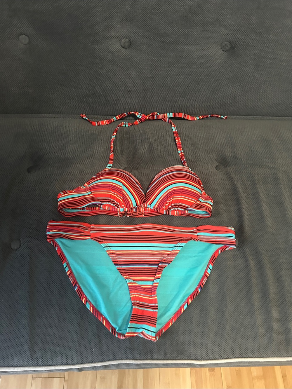 Xhilaration Red, Turquoise & Coral Striped Bikini Set